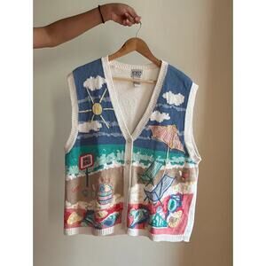 Vintage 80s Koret Embroidered Beach Scene Sweater Vest‎ Sz S Ramie